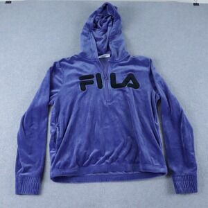 Fila Hoodie Womens Medium 1/4 Zip Pullover Sweatshirt Blue Velour Long Sleeve